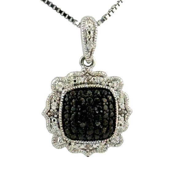 Beautiful  Black and White Diamond Cluster Pendant with Sterling Chain - Picture 1 of 8